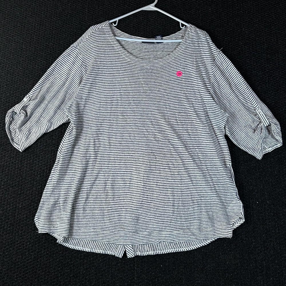 Adrienne Vittadini Striped Linen Blend Top 1X Roll Tab Sleeve Boat Neck